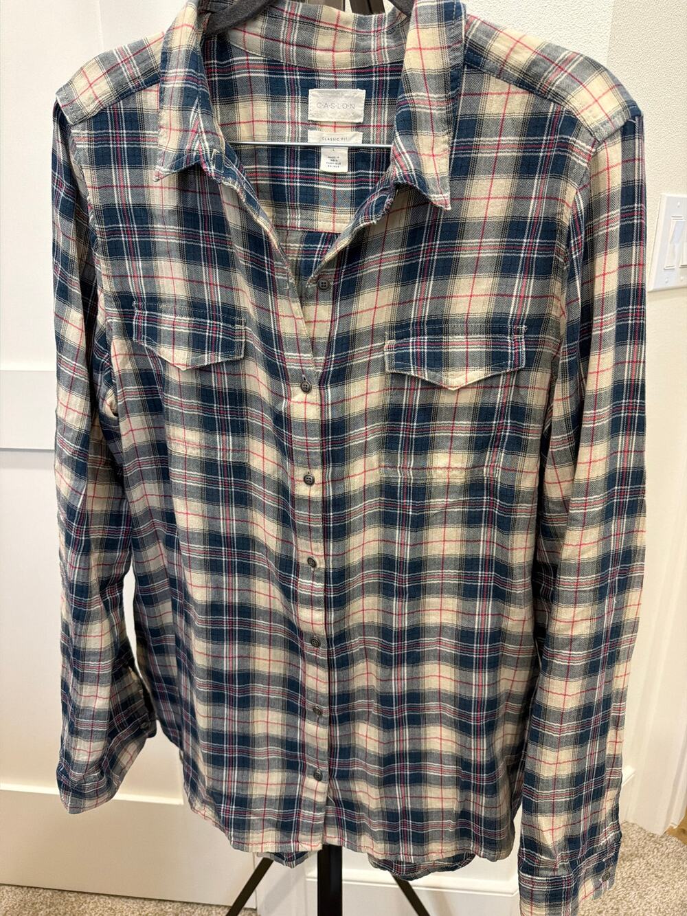Caslon Women's Plaid Flannel Shirt, Button-Down Front Blue Tan Red Size Large